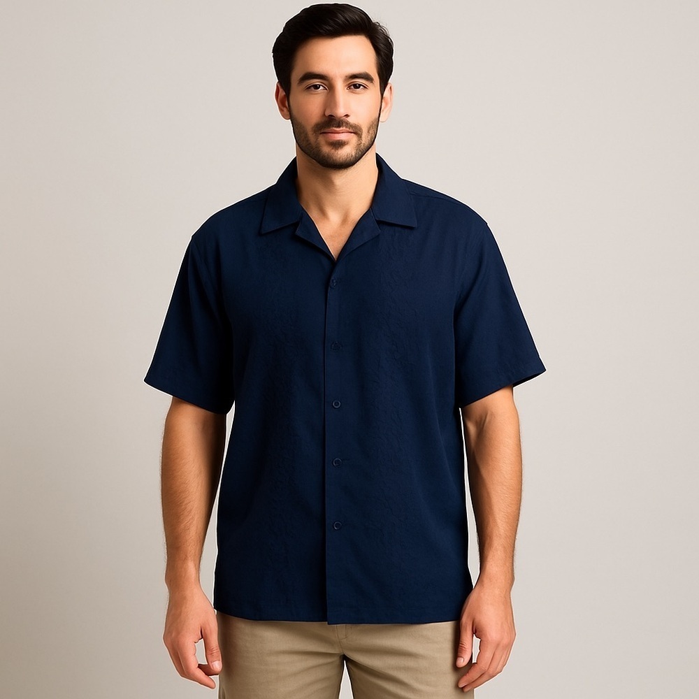 The Havanera Co Men’s L Navy Linen Coastal Embroidered Guayabera Shirt Vintage